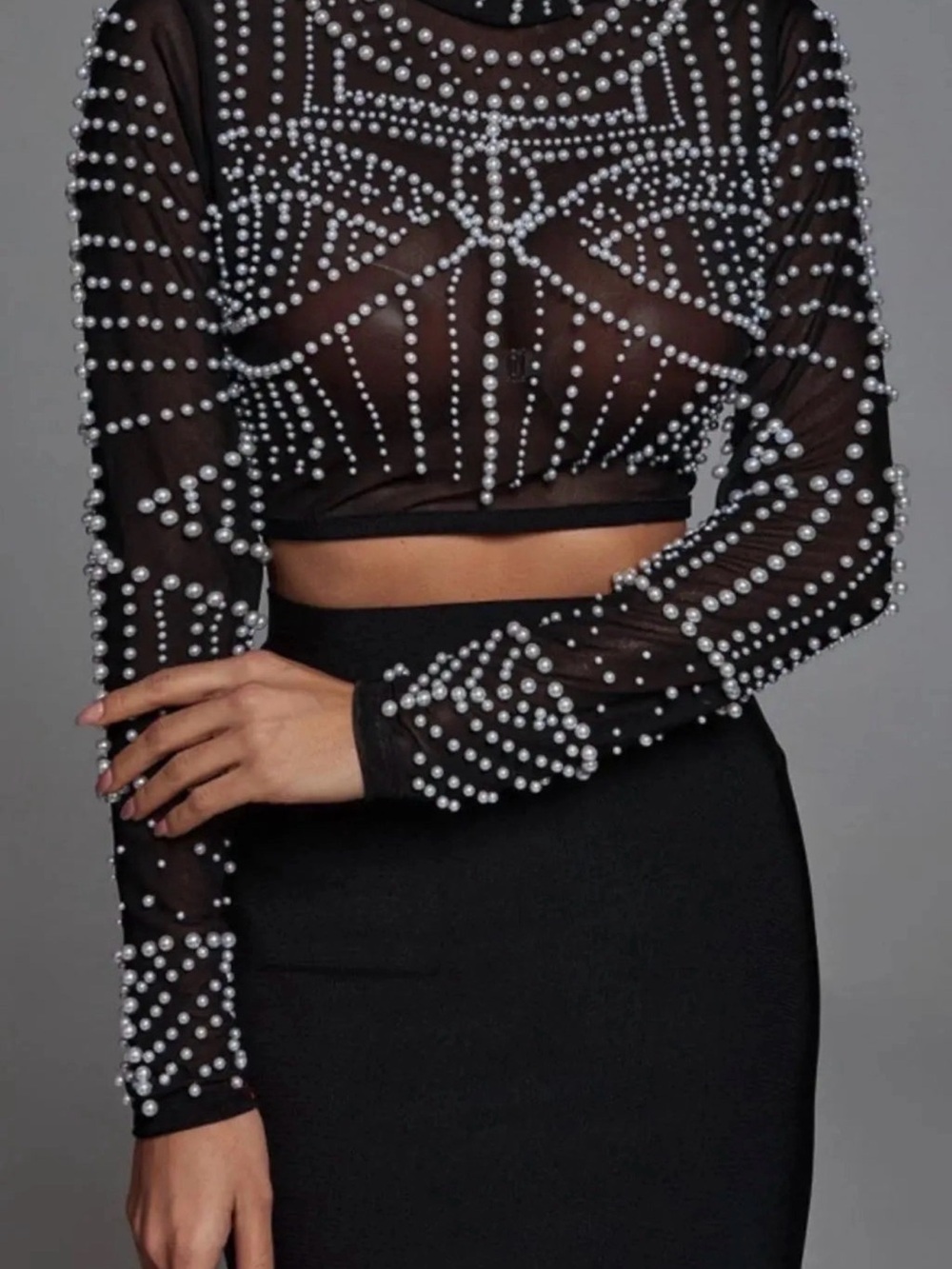 Black Pearl-Embellished Sheer Crop Top and Skirt Set